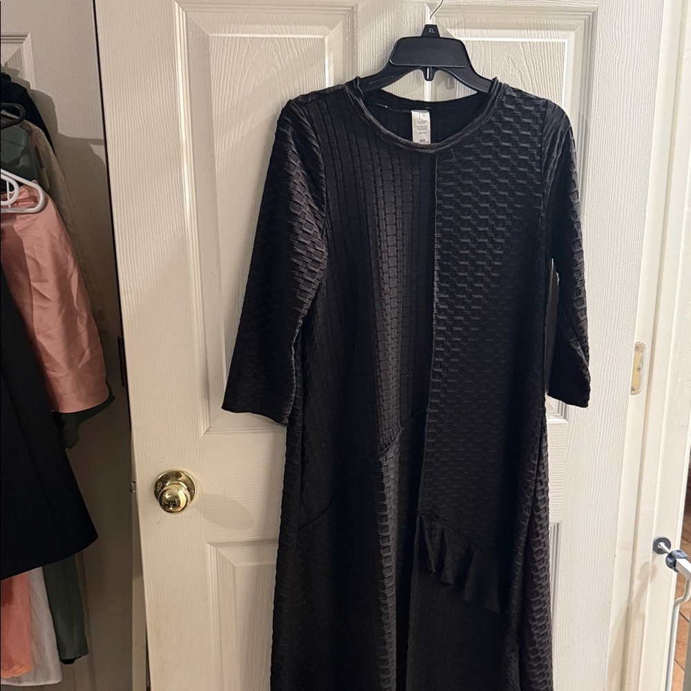 Black Textured Midi Dress with Subtle Paneling